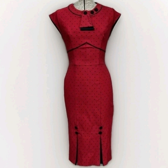 Stop Staring Red with Black Polka Dot Wiggle Midi Dress Size Large USA Made - Picture 1 of 7